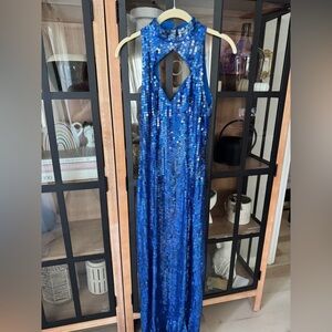 Vintage 1990s ShoMax Originals Sequin Cutout Prom Pageant Gown maxi dress cobalt